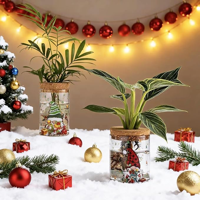 Christmas Vases, 2 Sizes Propagation Jars with Christmas Decorations Patterns, Desktop Glass Hydroponic Planter for Plant Cuttings, for Plant Lovers (18)