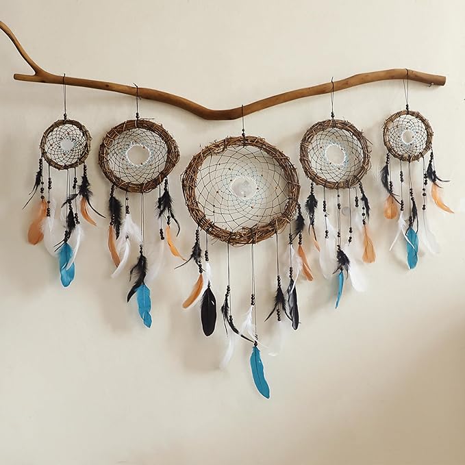 5 Pack Boho Dream Catcher Native American Wall Art Set, Handmade Natural Rattan Feathers Large Dreamcatcher Rustic Hanging Ornament Indian Wall Decor for Bedroom Adult