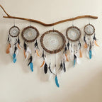 5 Pack Boho Dream Catcher Native American Wall Art Set, Handmade Natural Rattan Feathers Large Dreamcatcher Rustic Hanging Ornament Indian Wall Decor for Bedroom Adult