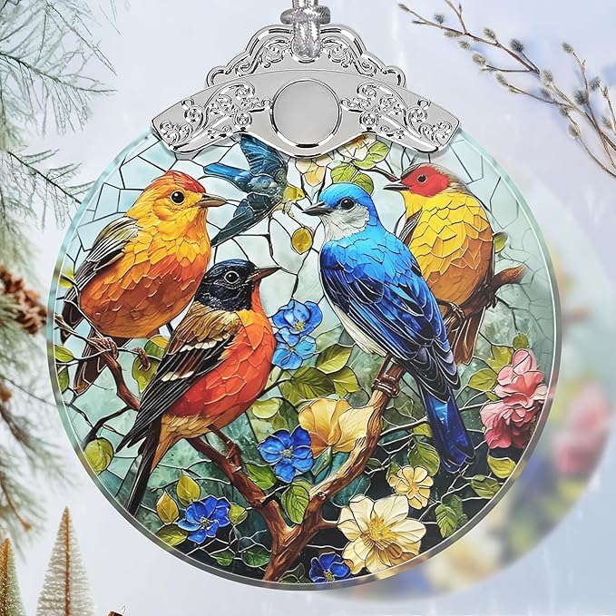 Birds on Branches Stained Glass Orament - Christmas Ornament - Christmas Decorations for Tree - Holiday Present ldeas - Gift Exchange