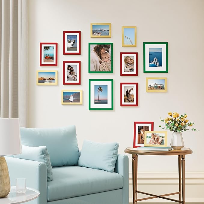 Vittanly 15 Pack Picture Frames Collage Wall Decor, Multi Sizes Including 3pcs 8x10, 6pcs 5x7 and 6pcs 4x6 Photo Frames, Gallery Frame Set for Wall or Tabletop Display, Green, Red and Gold