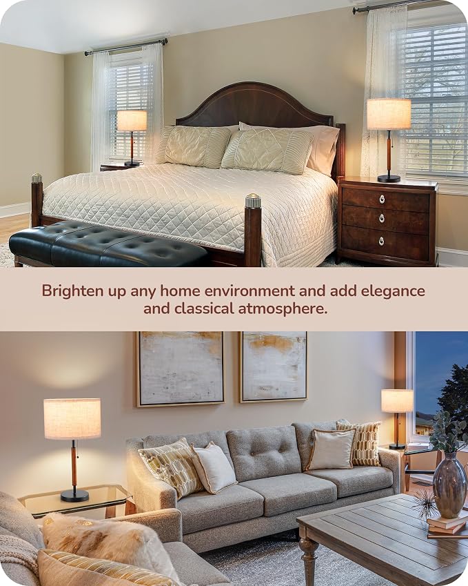 EDISHINE Mid Century Table Lamp Set of 2, Pull Chain Switch Bedside Lamp, Linen Shade, Solid Wood Pole & Black Metal Base, Modern Nightstand Lamp for Bedroom, Living Room, Office, E26 Base