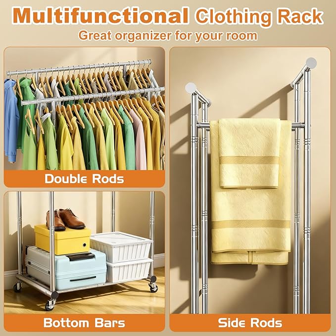 100% Stainless Steel Double Rods Clothes Rack, Heavy Duty Clothing Rack for Hanging Clothes with Sturdy Wheels & Shelves, Portable Rolling Garment Rack for Wardrobe Bedroom Laundry Living Room