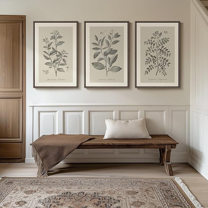 Large Framed Vintage Botanical Wall Art for Living Room, 3 Piece Rustic Farmhouse Plant Canvas Painting Prints Artwork, Neutral Natural Floral Pictures for Bedroom Kitchen Hallway Wall Decor, 24x36 In