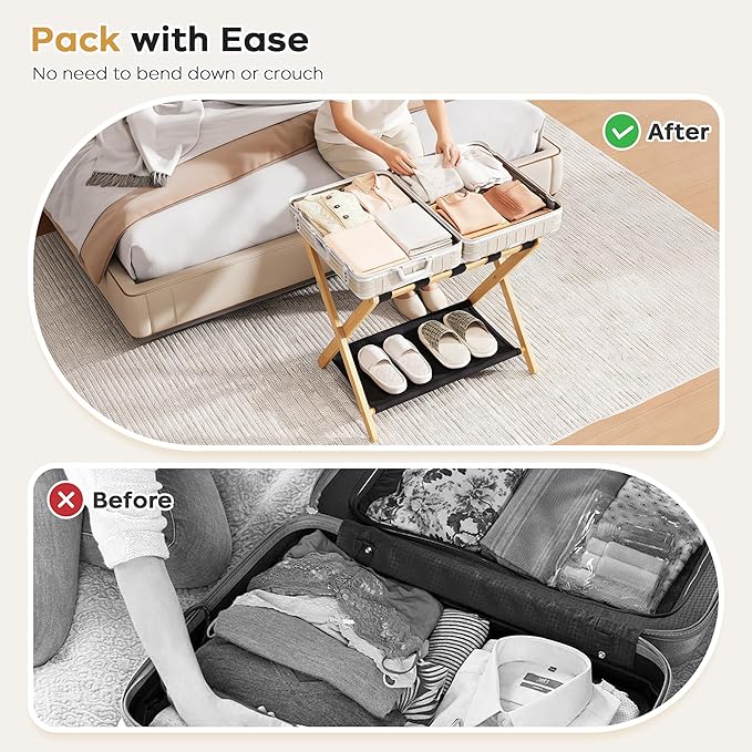 26.77" Full Assembled Luggage Rack for Guest Room, Set of 1 Bamboo Foldable Suitcase Stand, Bedroom & Hotel, Folding Luggage Holder with 5 Nylon Straps, 600D Oxford Fabric Shelf Natural Wood