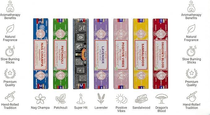 Satya Incense Gift Set Nag Champa, Super hit, Dragon's Blood, Sandalwood, Patchouli, Lavender, Positive Vibes, 15 g