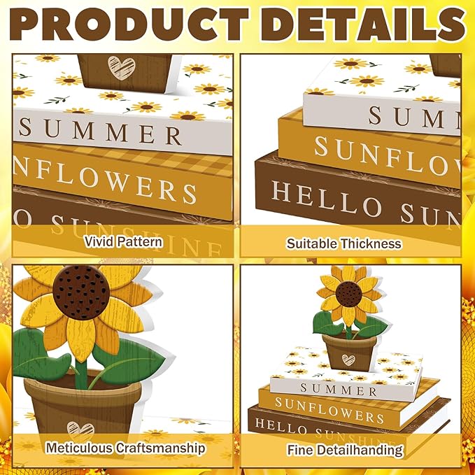 Thyle Sunflower Fake Decorative Books Wooden Sunflower Table Signs Faux Summer Decor Farmhouse Hello Sunshine Decoration Books for Summer Party Office Home Shelf Coffee Table Mantel Decor