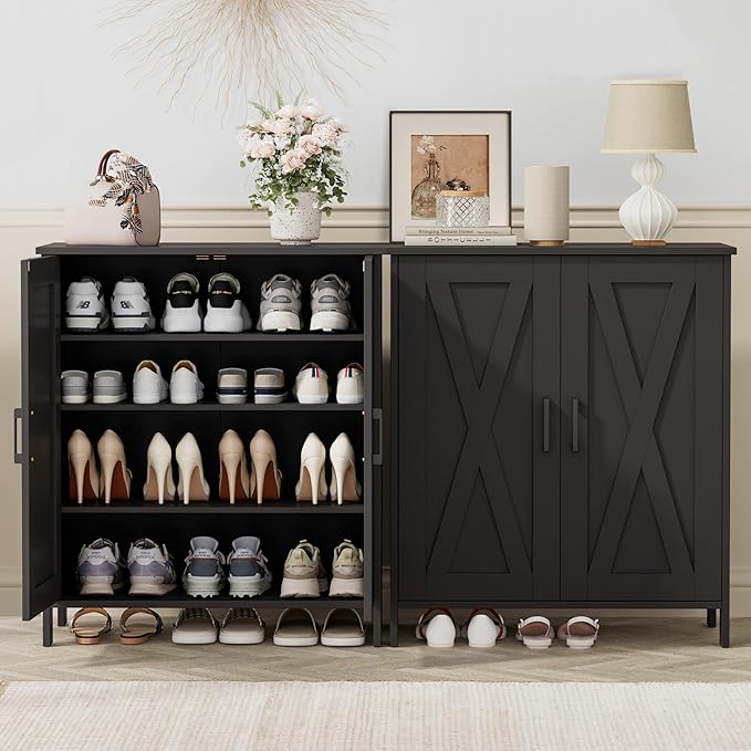 Farmhouse Shoe Cabinet with 2 Barn Doors & Wood Legs, 5-Tier Shoe Storage Cabinet with 3 Adjustable Shelves, Tall Shoe Rack Organizer for Closet, Shoe Organizer for Entryway, Hallway, Black