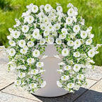 Artificial Hanging Flowers for Outdoors, 4 PCS UV Resistant Faux Plants Silk Realistic 150 Morning Glory Each Vines, Fake Plastic Floral for Garden Patio Spring Summer Decor, White