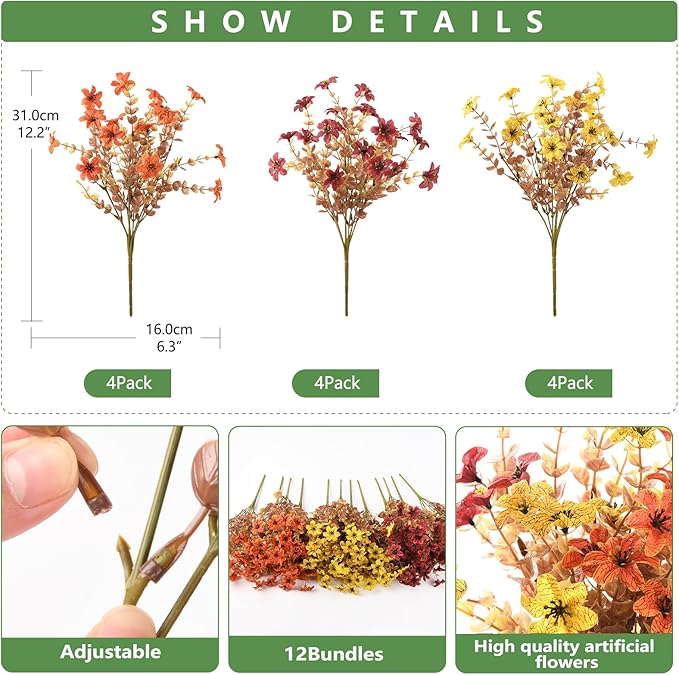 Artificial Mums Fake Fall Flowers for Outdoors Decoration, 12 Bundles Realistic Autumn Silk Daisy Faux Plants UV Resistant Decor for Home Garden Porch Patio Yard Balcony Window (Yellow Brown Orange)