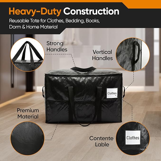 HOLDN’ STORAGE 10-Pack Moving Bags, Large Storage Totes with Zipper Lids, Heavy-Duty Reusable for Clothes, Bedding, Books, 30 Gallons Each