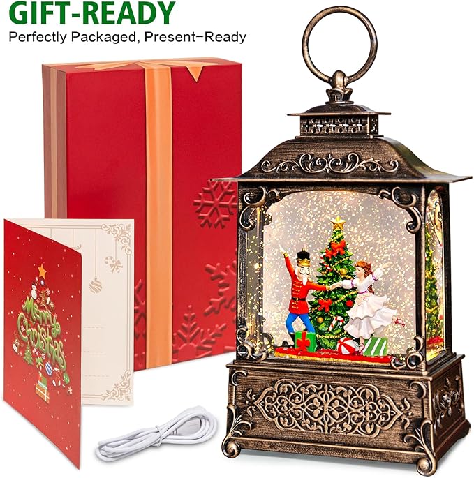 Christmas Snow Globes Lantern with The Nutcracker Music, Nutcracker Snow Globe with Swirling Glitter Effects, USB/Battery Powered with 6-Hour Timer, Christmas Decorations