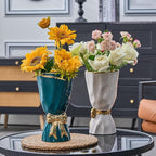 Bow Vase for Home Decor, Gold Vase for Boho Style, 9.65 Inch Large Vases for Ideal Table Decor, Living Room. Ceramic Flower Vases. （Glazed Exterior and Interior） (Green, Large)