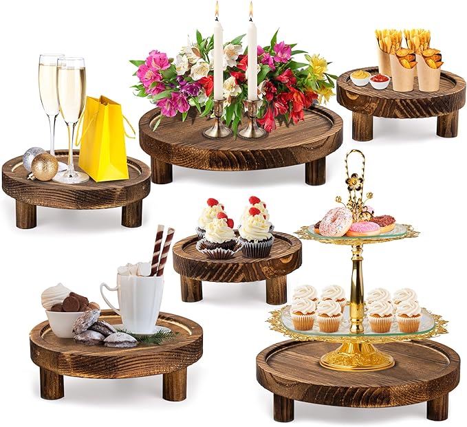 6PCS Wooden Risers for Display Wood Cake Stand for Party Round Food Risers for Buffet Wooden Holder Rustic Riser for Decor Tiered Tray Decor Home Kitchen (Rustic, 6 PCS (8”, 6”, 5”))