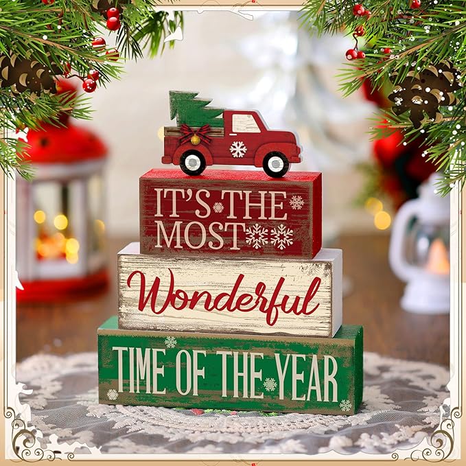 Moucuny 4 Pcs Christmas Decor Wooden Red Truck Winter Tiered Tray Decor Rustic Merry Christmas Table Centerpiece Wood Red Truck Block Sign Gift Farmhouse for Home Kitchen Tabletop Office Shelf