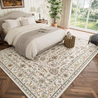 Washable 8x10 Area Rugs for Living Room, Boho Non-Slip Vintage Distress Large Rugs for Bedroom Dining Room Nursery Office, 0.3" Neutral Oriental Throw Thin Carpet, Beige/Rust/Green/Multi