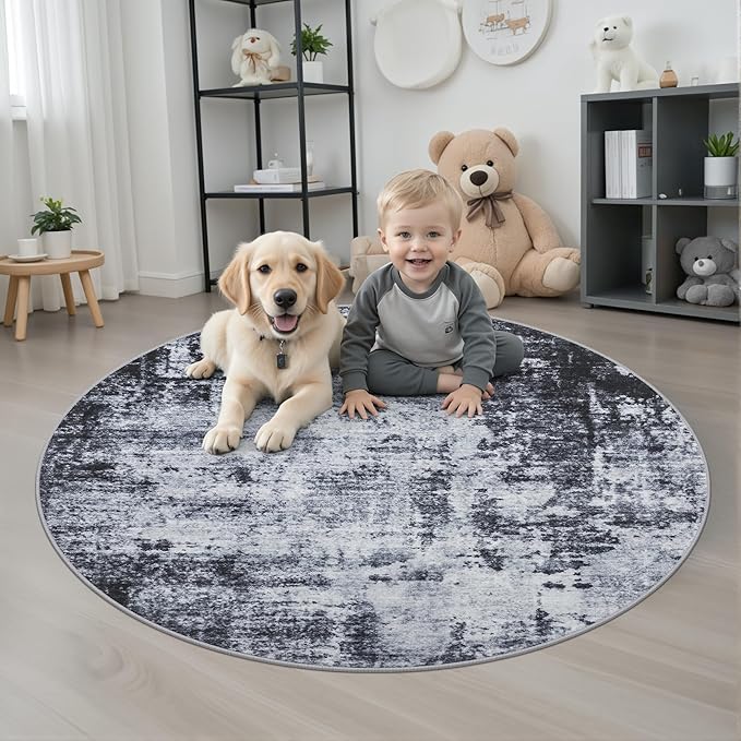 Round Area Rug for Living Room: 4 ft Washable Modern Abstract Soft Thin Rug Indoor Floor No Slip Stain Resistant Carpet for Bedroom Dining Room Farmhouse Nursery Home Office - Dark Black
