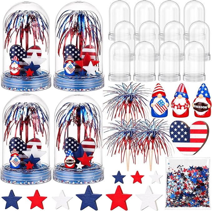 Sotiff 12 Sets 4th of July Themed Snow Globe Craft 250th Anniversary Party Supplies Firework Picks Mini Gnome Ornaments Stars Patriotic Heart Anniversary Party for Classroom Activities