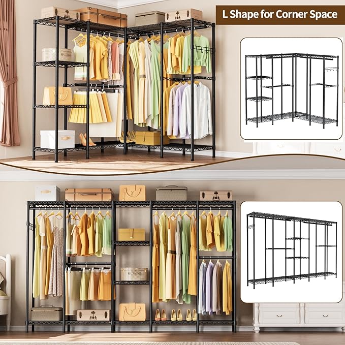 Heavy Duty Garment Rack Clothes Rack,Large Metal Closet Organizer System Storage Wardrobe,Freestanding Clothing Rack with Adjustable Wire Shelves& Hang Rods,MaxLoad 1100lbs