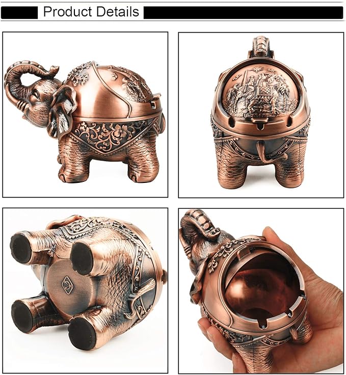 LAUYOO Metal Elephant Ashtray with Lid Windproof Ashtrays Outdoor, Indoor Ashtray for Weed, Vintage Practical Decoration Ash trays for Cigarettes Great Gift for Men Women