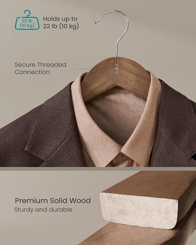 SONGMICS Extra Wide Wooden Suit Hangers, Set of 10 Clothes Hangers, Swivel Hooks, Non-Slip Bars, for Outfits, Suits, Coats, Shirts, Dresses, Walnut Color UCRW050KZ01