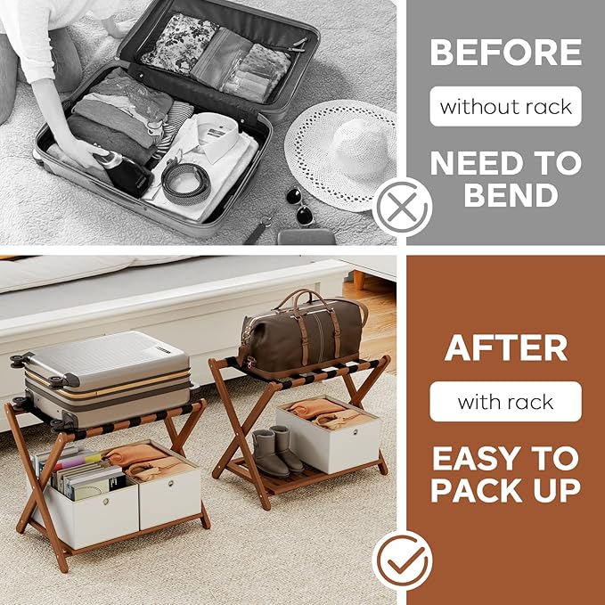 Fully Assembled Walnut Luggage Racks Set of 2 with 4 Storage Boxes, 26.77" Bamboo Luggage Rack Stand for Guest Room, 5 Nylon Straps, Folding Suitcase Stand with Storage Shelf for Bedroom Hotel