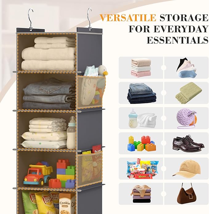 YOUDENOVA Upgraded Extra Wide Hanging Shoe Organizer for Closet, 8-Shelf Storage Organizer with 8 Side Pockets, Hanging Shoe Rack for Hats Clothes Jeans, Grey
