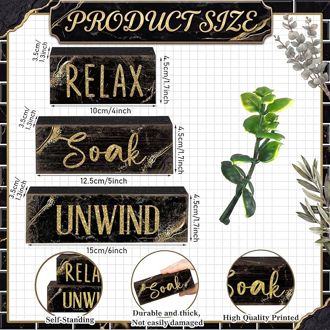 Moucuny 4 Pcs Black and Gold Bathroom Shelf Decor Sign Farmhouse Bathroom Decor and Accessories Rustic Eucalyptus Leaves Block Sign Gift Relax Soak Unwind Farmhouse Table Centerpiece for Home Toilet