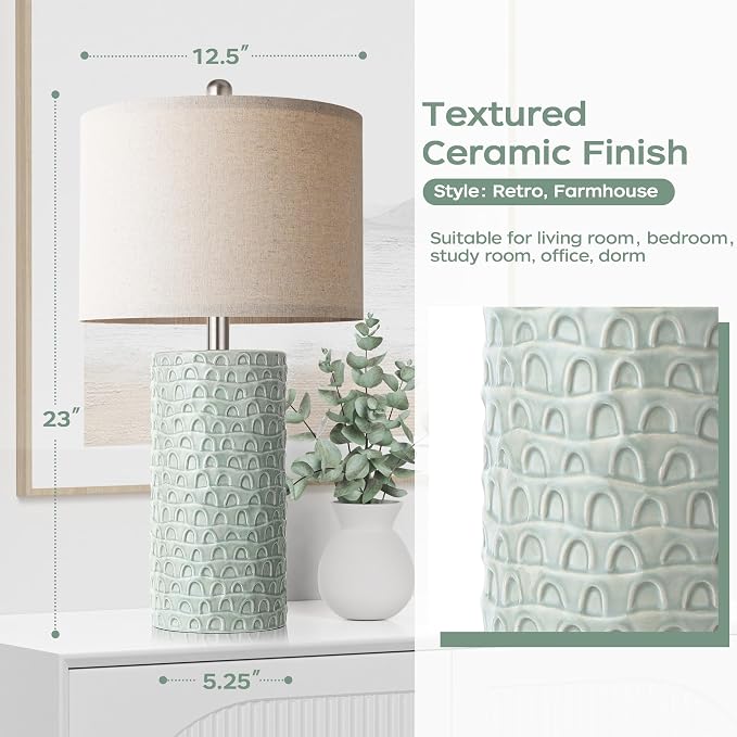 PARTPHONER 23" Modern Ceramic Table Lamp Set of 2, Table Lamps for Living Room, Rustic Farmhouse Bedside Lamps Nightstand lamp for Bedroom, Desk Lamp for End Table Home Decor Light Green