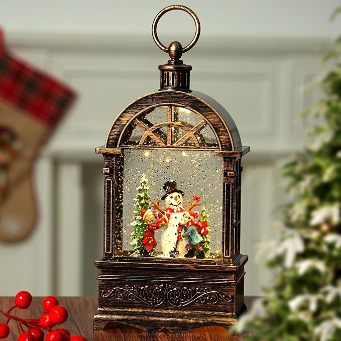 Christmas Snow Globe Lantern Water Glittering Window Snowman Child with Music, USB Lined/Battery Operated Lighted Lantern for Christmas Festival Decoration Gifts