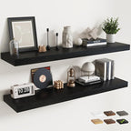 55 Inch Long Floating Shelves for Wall Set of 2, 12"D Wood Grain Bathroom Shelves with Invisible Brackets, Easy Install Engineered Wood Storage Shelves for Kitchen, Living Room, Bedroom, Black Finish