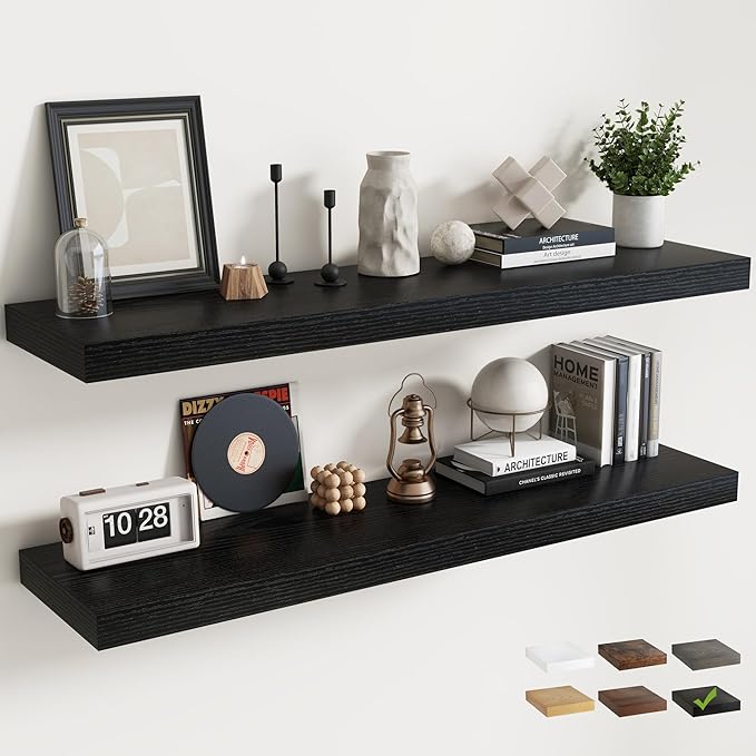 55 Inch Long Floating Shelves for Wall Set of 2, 12"D Wood Grain Bathroom Shelves with Invisible Brackets, Easy Install Engineered Wood Storage Shelves for Kitchen, Living Room, Bedroom, Black Finish