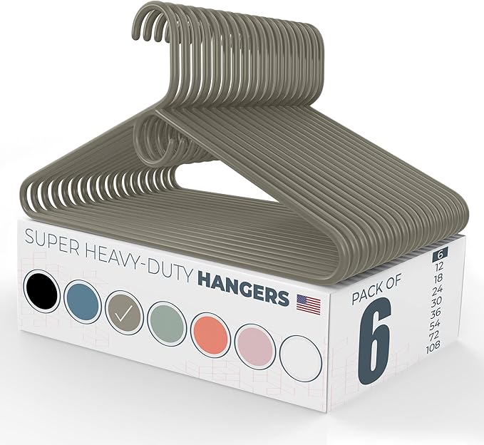 Neaties Super Heavy Duty Clothes Hangers 6 Pack – Made in the USA - 10lb Capacity, Thick Plastic Hangers for Pants, Coats, Jackets, Jeans and Adult Clothing – Gray