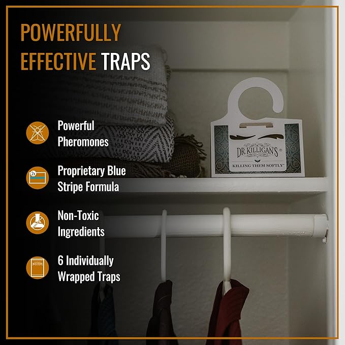 Dr. Killigan Premium Clothing Moth Traps with Pheromones Prime | Non-Toxic Clothes Moth Trap with Lure for Closets | Moth Killer Treatment & Prevention (6, White)