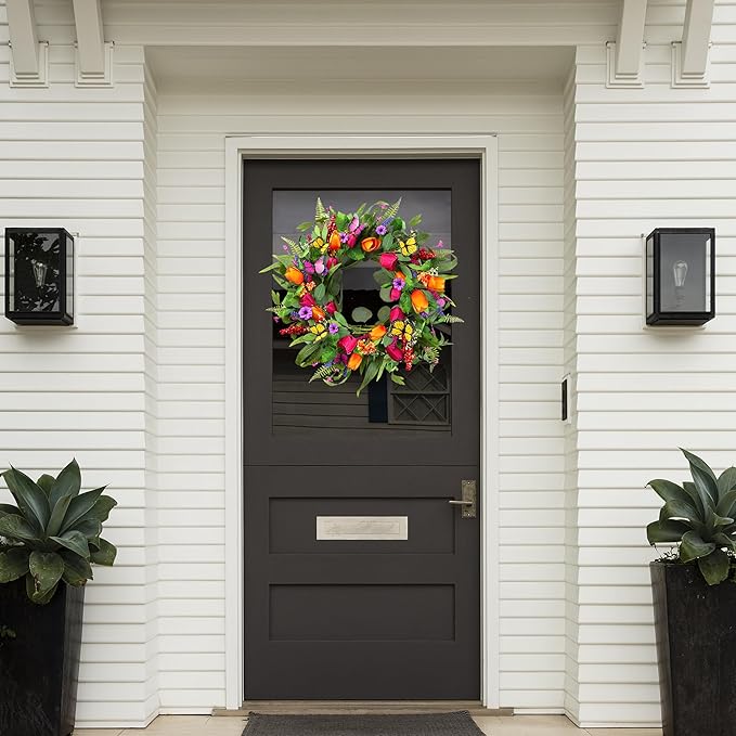 Sggvecsy Spring Summer Wreath for Front Door 22 Inch Artificial Tulips Wreath with Eucalyptus Leaves Lavender Ferns Colorful Silk Flowers Butterflies for Home Farmhouse Indoor Outdoor Wall Decor