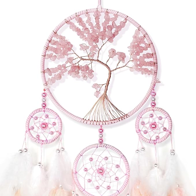 Large Pink Dream Catchers,Crystal Tree of Life Dreamcatcher,Perfect Pink Crystal Handmade Dreamlike Dream Catchers for Girls Bedroom Decor Art Craft Gift (Pink)