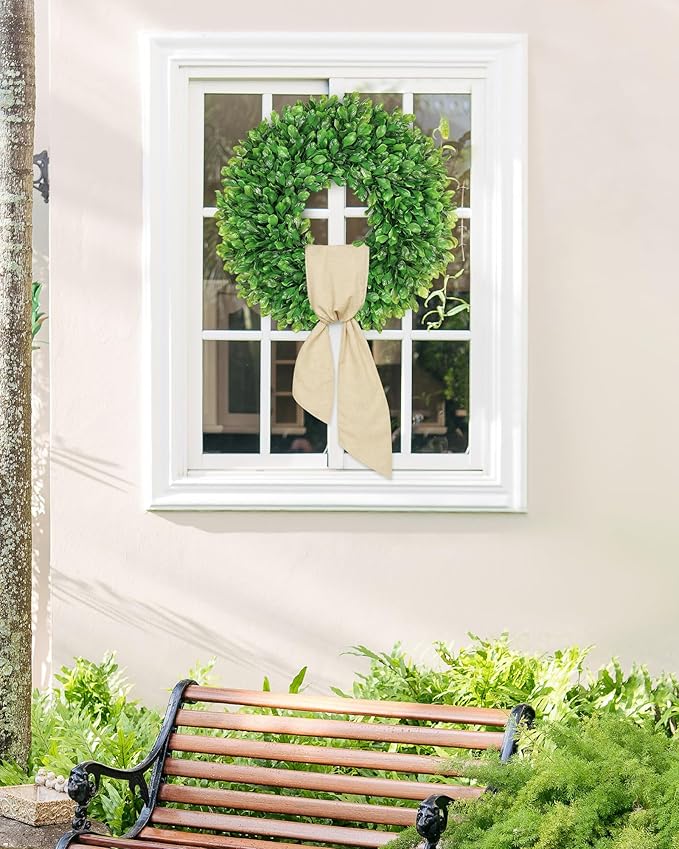 Vlorart 20 Inch Faux Round Boxwood Wreath, Weatherproof Wreaths for Front Door, Artificial Spring Summer Greenery Wreath with Sash for Farmhouse Wedding Year Round Indoor and Outdoor