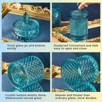 Aoriher 4 Pcs Crystal Glass Candy Jar Set with Lids Home Decorative Storage Jars for Apothecary, Bathroom, Kitchen, and Pantry, Ideal for Cotton Swabs and Jewelry(Medium,Mist Blue)