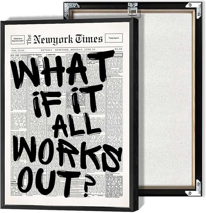 Retro Black And White Newspaper Poster What If It All Works Out Canvas Wall Art Positive Affirming Quote Minimalist Prints Painting For Home Bedroom Dorm Wall Decor 24x36in Framed