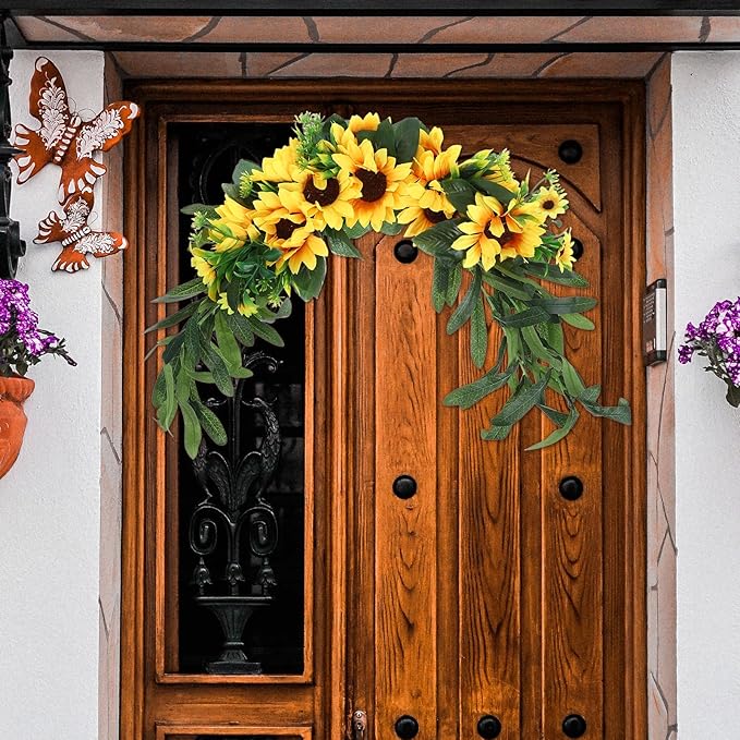 Holibanna Artificial Sunflower Swag Wedding Arch Flowers Floral Door Swag Green Leaves Hanging Ornament for Wedding Backdrop Fireplace Garden Decor