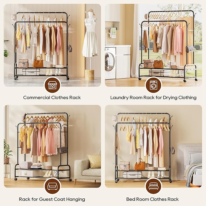 TigerParty Double Rods Clothes Rack for Hanging Clothes, Rolling Clothing Rack with Wheels, Freestanding Garment Racks with 2 Shelves for Bedroom Laundry Living Room