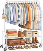 AOODA Heavy Duty Clothes Rack with Shelves, 46.5'' Metal Rolling Clothing Racks for Hanging Clothes, Wardrobe Garment Rack with Lockable Wheels for Coats, Shirts, Shoe Boxes (White)