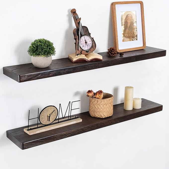 Marsmiles 36 inch Floating Shelves for Wall Solid Elm Wood Shelves|Rustic Wall Mounted Shelves with Heavy-Duty Invisible Bracket for Bathroom Living Room Kitchen|Rounded Edge Design|Walnut, 2 Pack