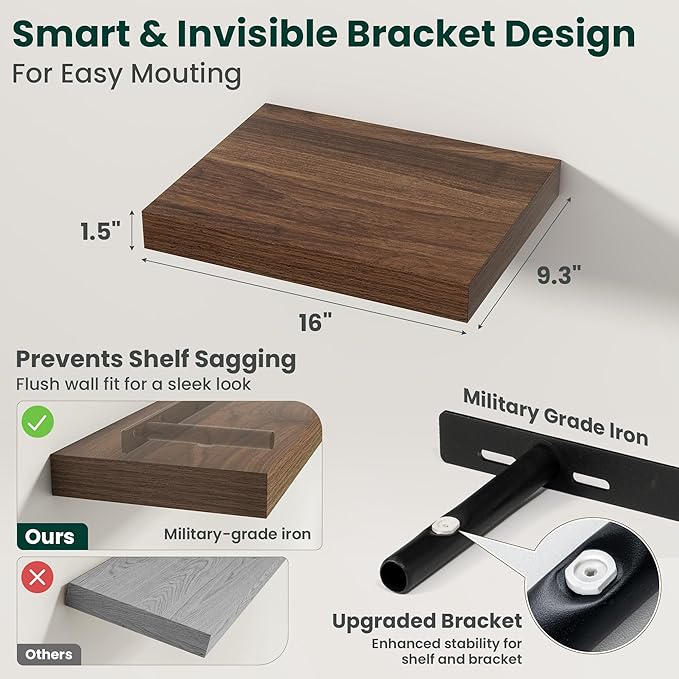 Floating Shelves for Wall 16 in x 9.3 in Deep, Wall Mounted Rustic Wood Shelf with Invisible Brackets for Storage & Display, Living Room Bedroom Bathroom, Walnut, 2 Pack