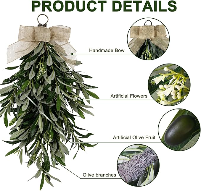 22" Artificial Teardrop Swag Olive Wreath For Front Door, 2-Pack Realistic Greenery Swag With Olive Fruit/Green Leaves/Flowers, Seasonal Artificial Olive Branch Swag for Indoor&Outdoor Decor