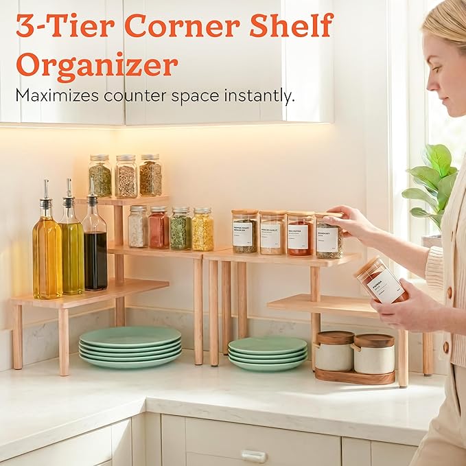 HOMESTEAD 3-Tier Bamboo Corner Shelf Organizer, 90° or 180° Layout Countertop Organizer for Kitchen, Bathroom, Coffee Bar, Spice Rack, Space Saving Storage Shelves, Adjustable Leveling Feet