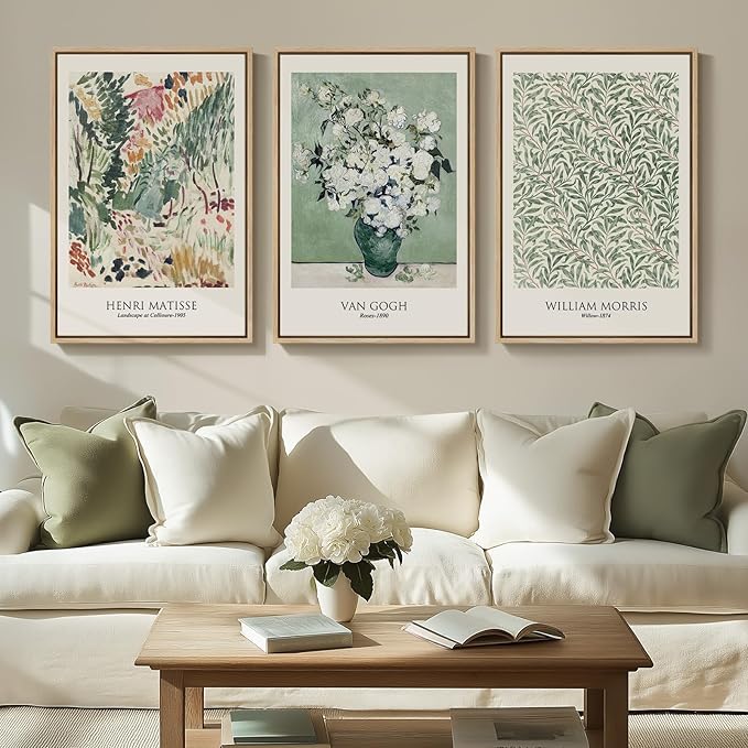Large Framed William Morris Wall Art for Living Room, Set of 3 Vintage Sage Green Botanical Canvas Prints, Van Gogh Floral Plant Artwork for Bedroom, Hallway, or Home Office Decor, 24x36 Inch
