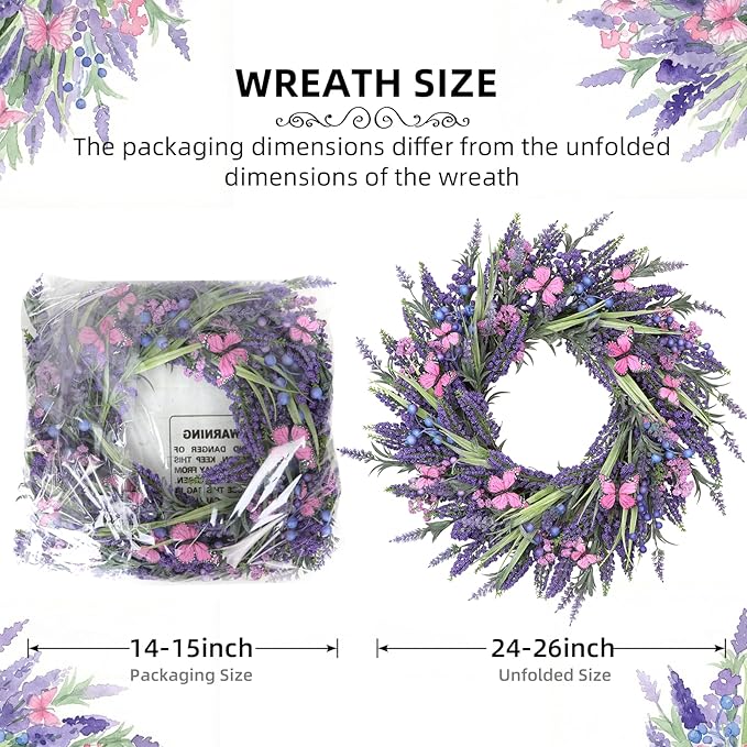 Lavender Wreaths for Front Door 24 Inch Spring Summer Wreath with Lavender,Berries, Butterflies,for Year-Round Use Indoors and Outdoors as Wall, Door, Window, Party and Wedding Decorations