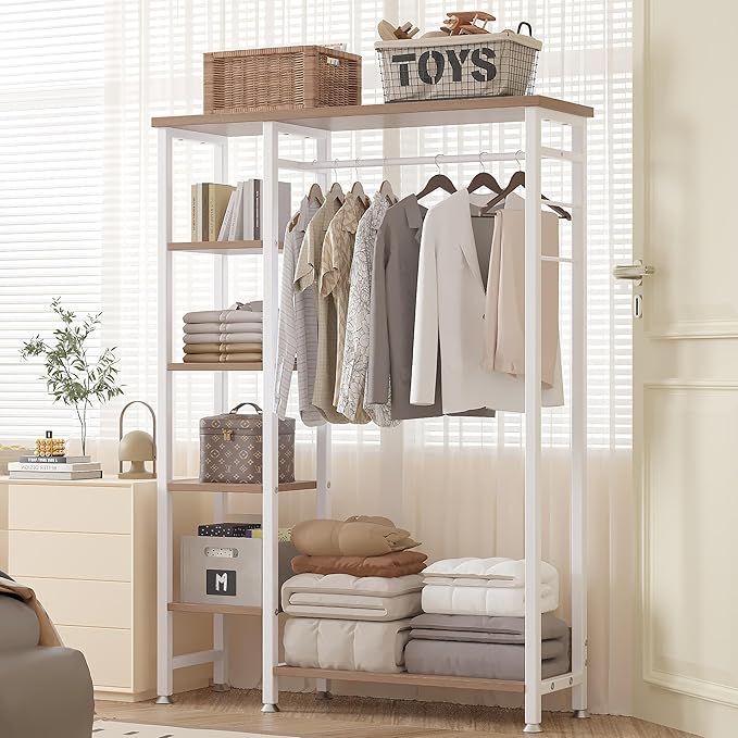 VECELO Open Garment Clothing Rack, Free-Standing Heavy Duty Storage Closet with 5 Shelves and Hanging Rod for Small Spaces, Max Load 350LBS, White Oak