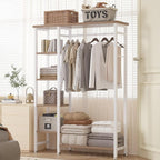 VECELO Open Garment Clothing Rack, Free-Standing Heavy Duty Storage Closet with 5 Shelves and Hanging Rod for Small Spaces, Max Load 350LBS, White Oak